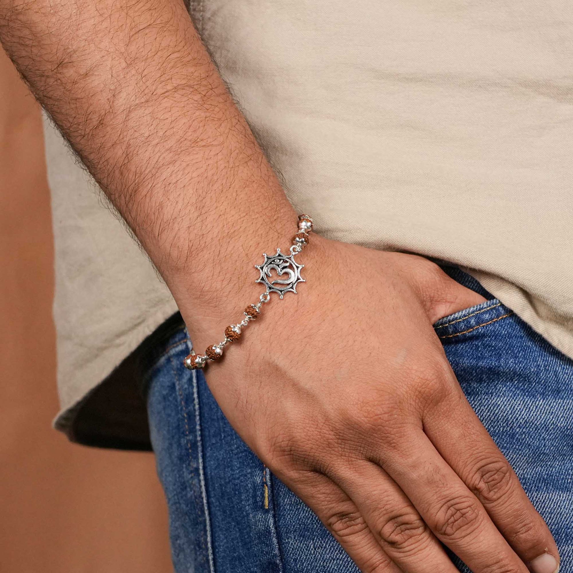 Rudraksha silver bracelet with Om in Pointed Circle single line