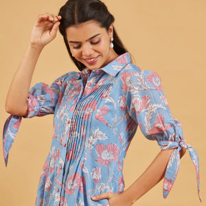 Blue Floral Printed Shirt Dress