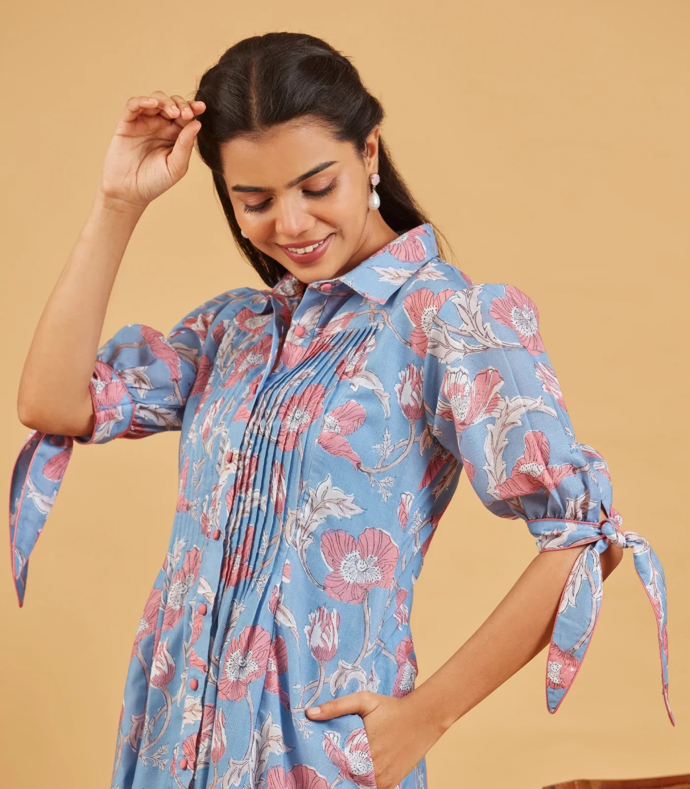Blue Floral Printed Shirt Dress