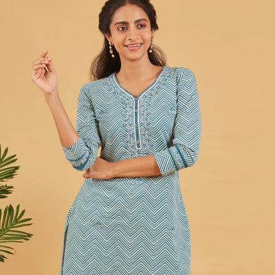 Classic Blue Cotton Kurta Set With Matching Dupatta