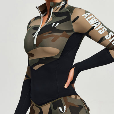 Half Zip Long Sleeve Top - Coffee Camo