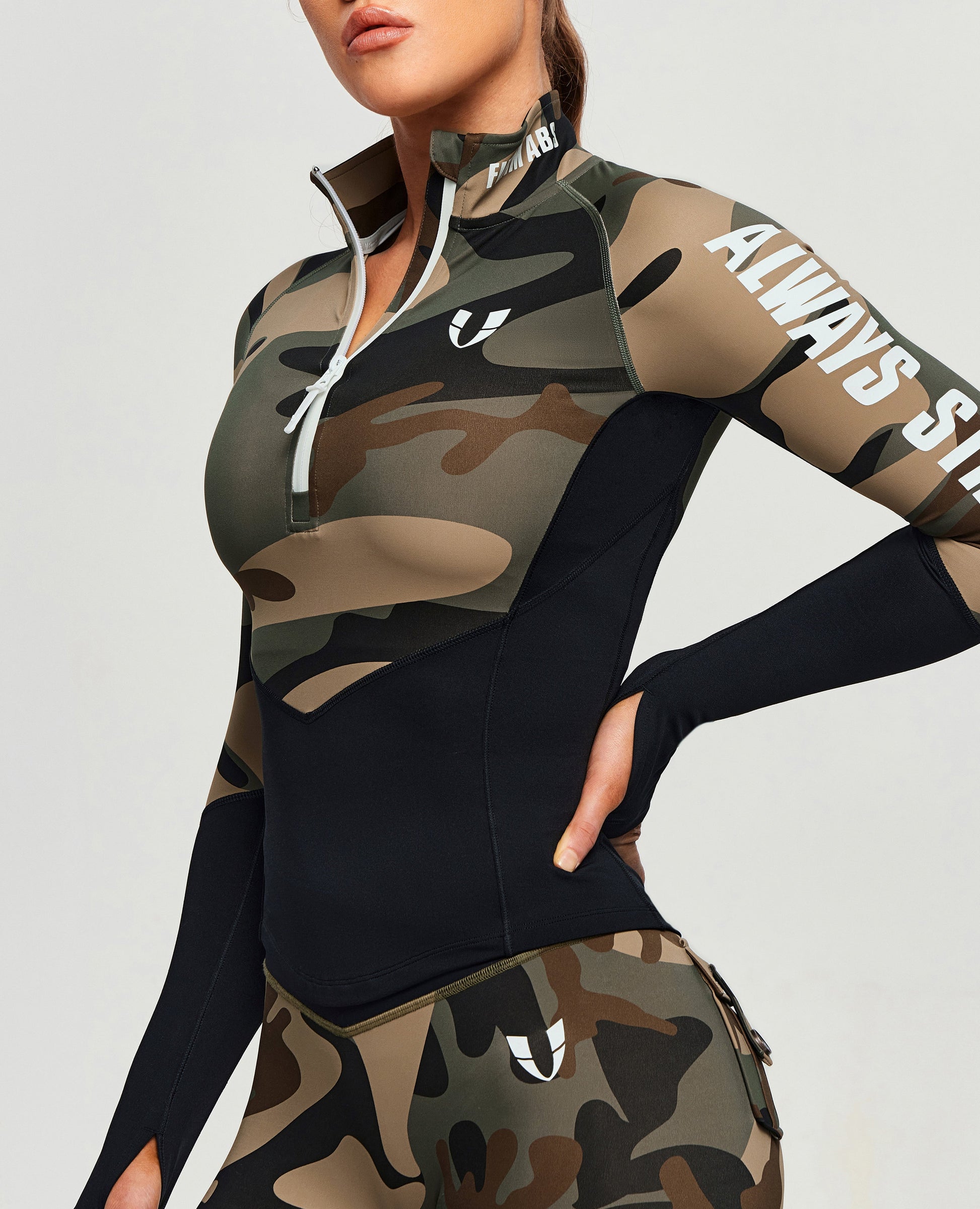 Half Zip Long Sleeve Top - Coffee Camo