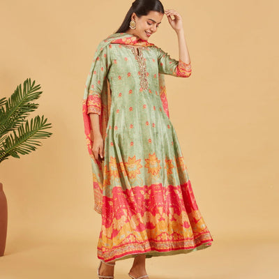 Misty Green Anarkali Set With Matching Dupatta