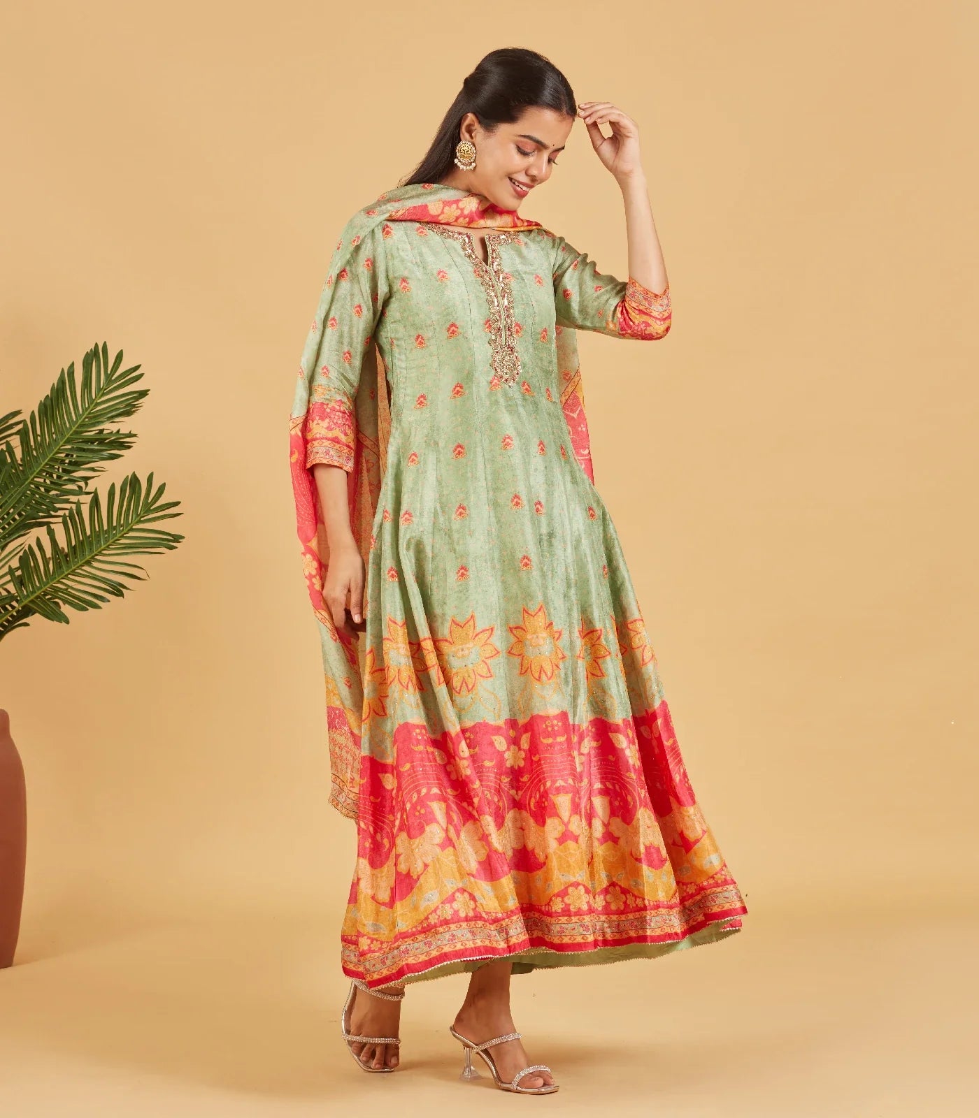 Misty Green Anarkali Set With Matching Dupatta