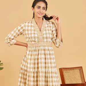 Beige And Gold Embroidered  Dress