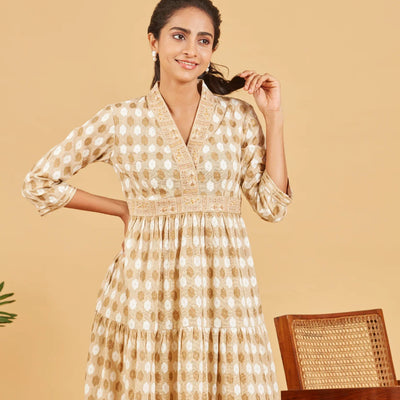 Beige And Gold Embroidered  Dress