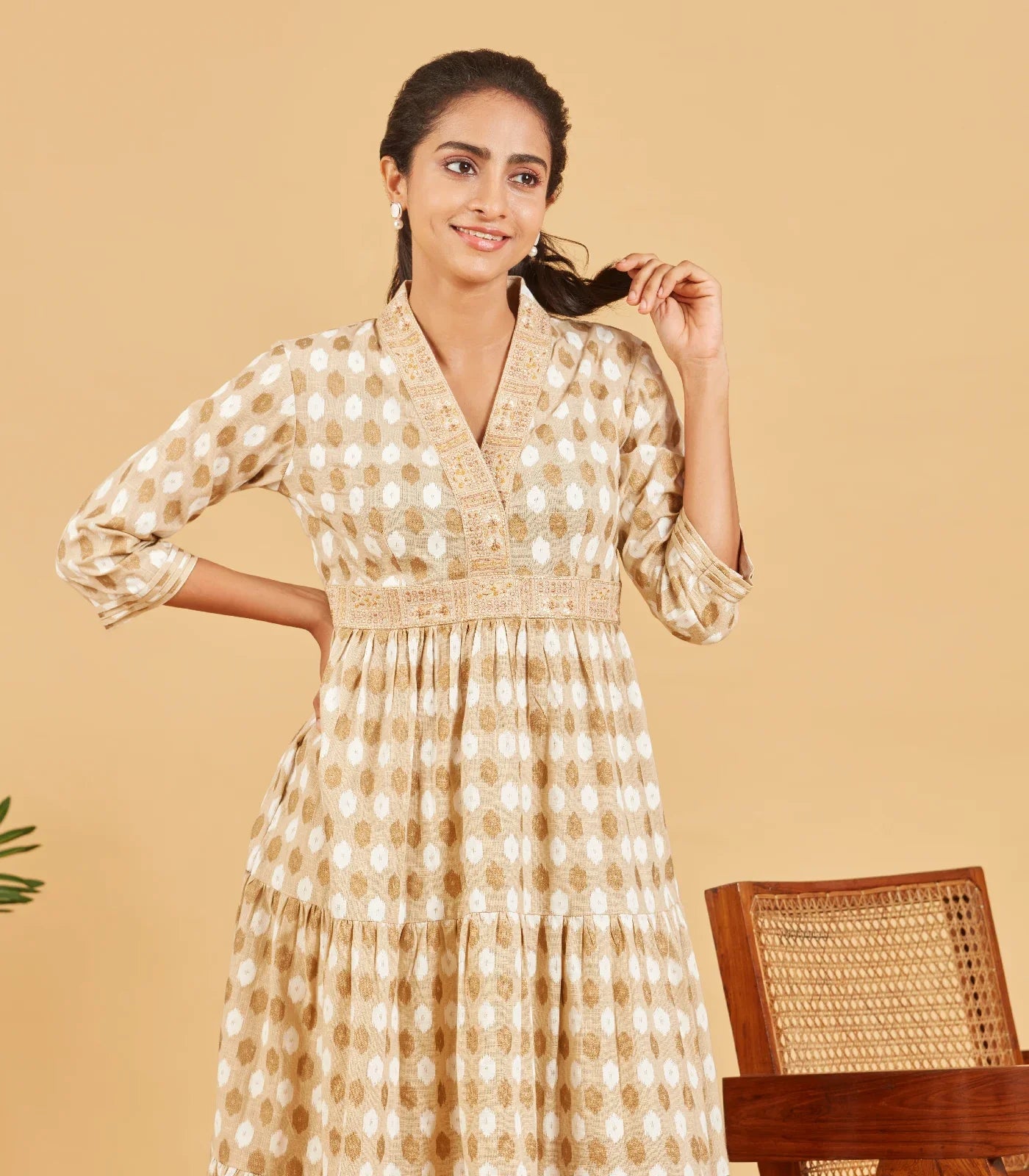 Beige And Gold Embroidered  Dress