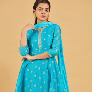 Turquoise And Gold Anarkali Set