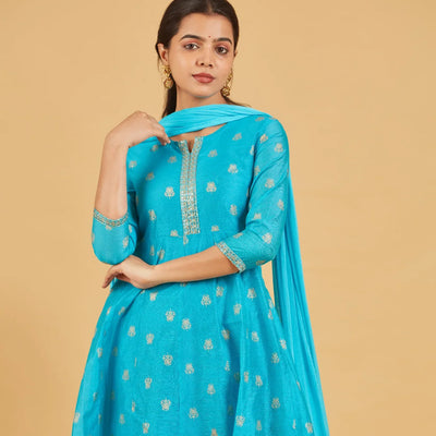 Turquoise And Gold Anarkali Set