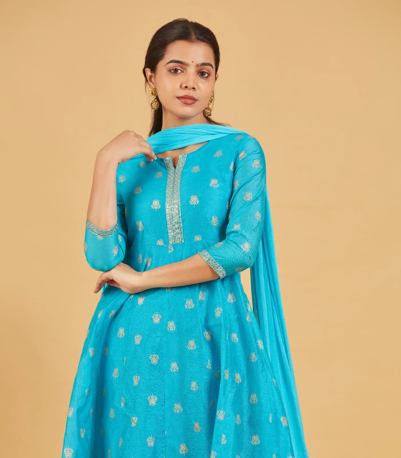 Turquoise And Gold Anarkali Set