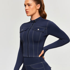 Contrast Stitching Moto Jacket - Navy Blue