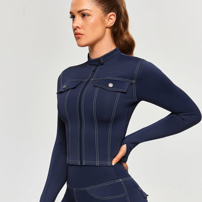 Contrast Stitching Moto Jacket - Navy Blue