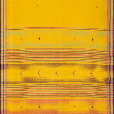 Mustard Handloom Bhujodi Cotton Saree With Cross Buttas