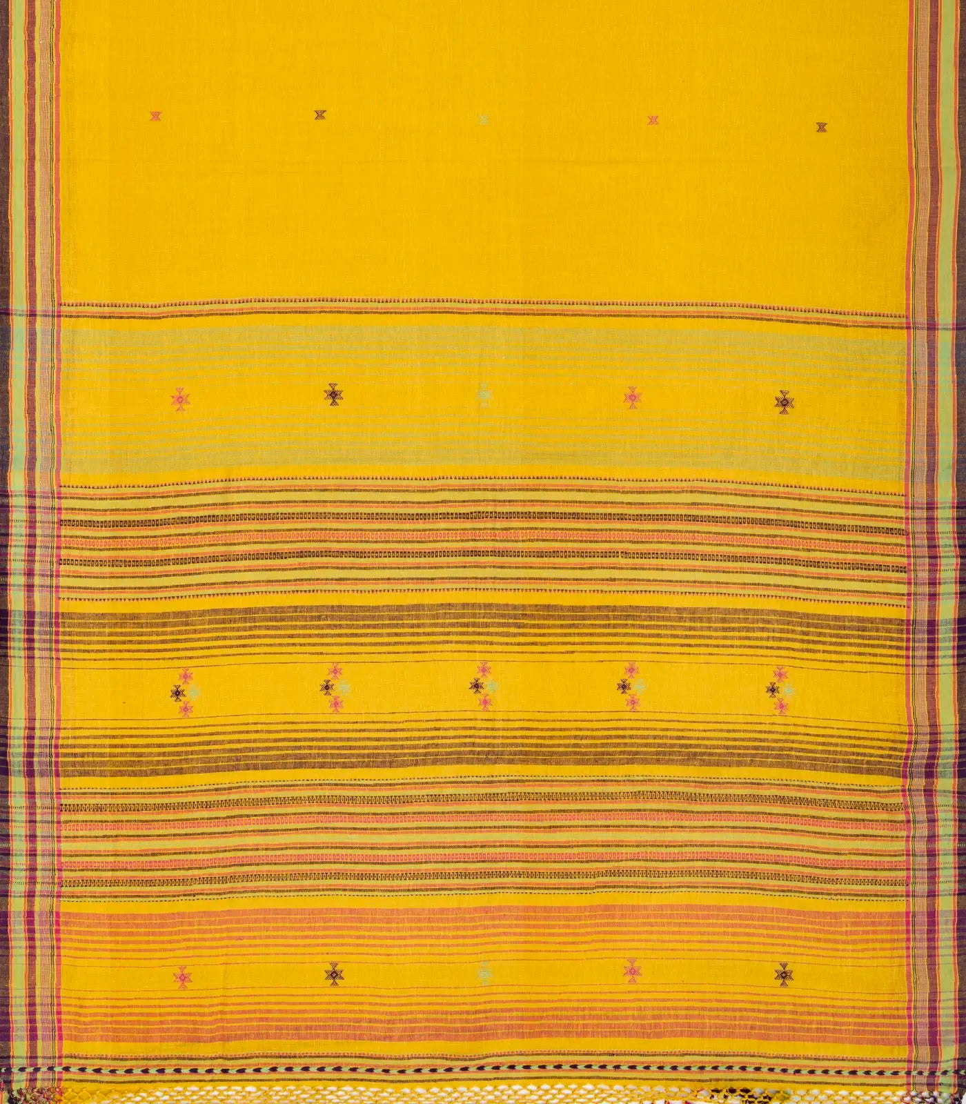 Mustard Handloom Bhujodi Cotton Saree With Cross Buttas