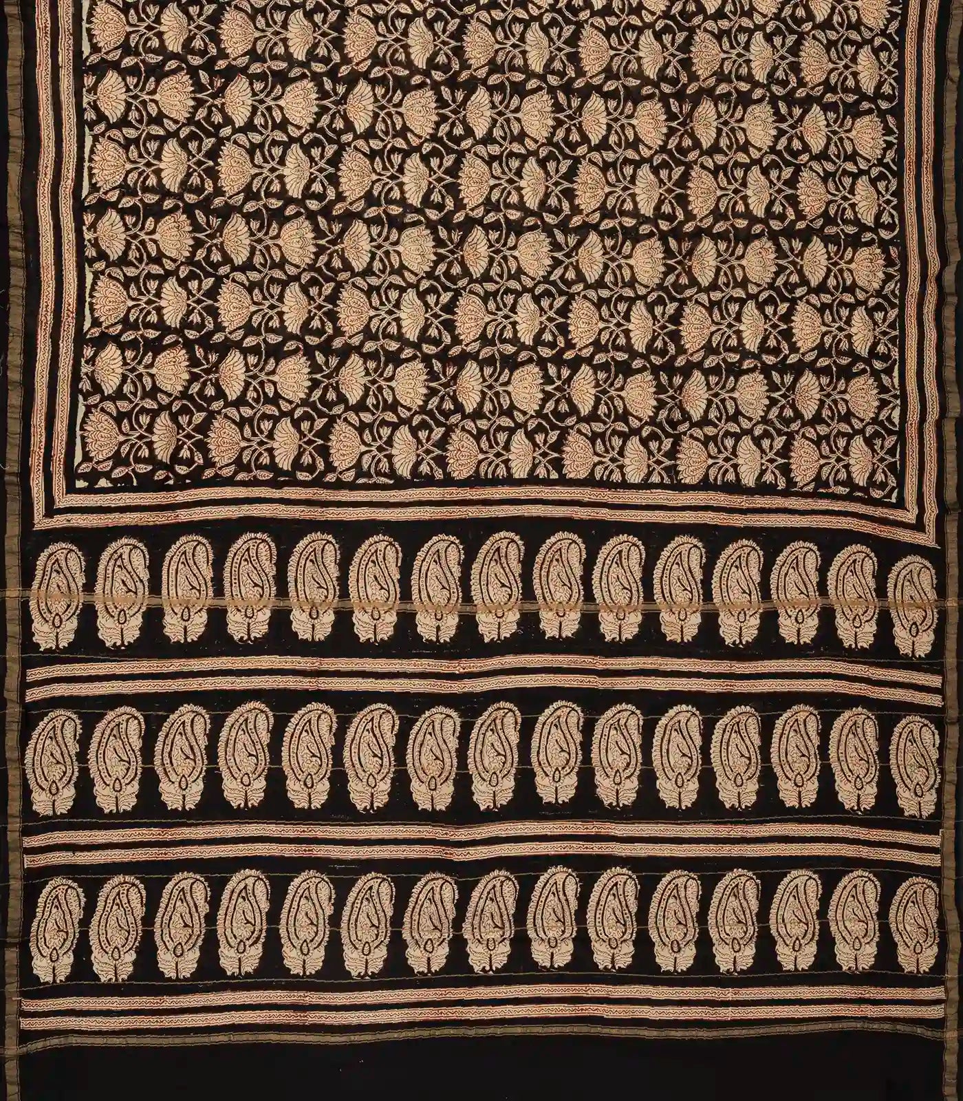 Black Chanderi Cotton Saree Printed With Floral Vine Motifs