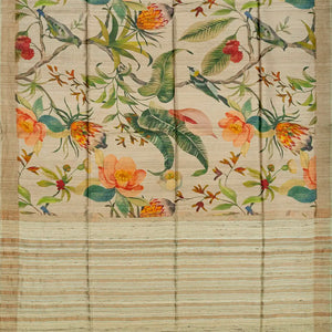 Taupe Handloom Tussar Silk Saree With Printed Bird Motifs-Taupe