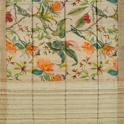 Taupe Handloom Tussar Silk Saree With Printed Bird Motifs-Taupe