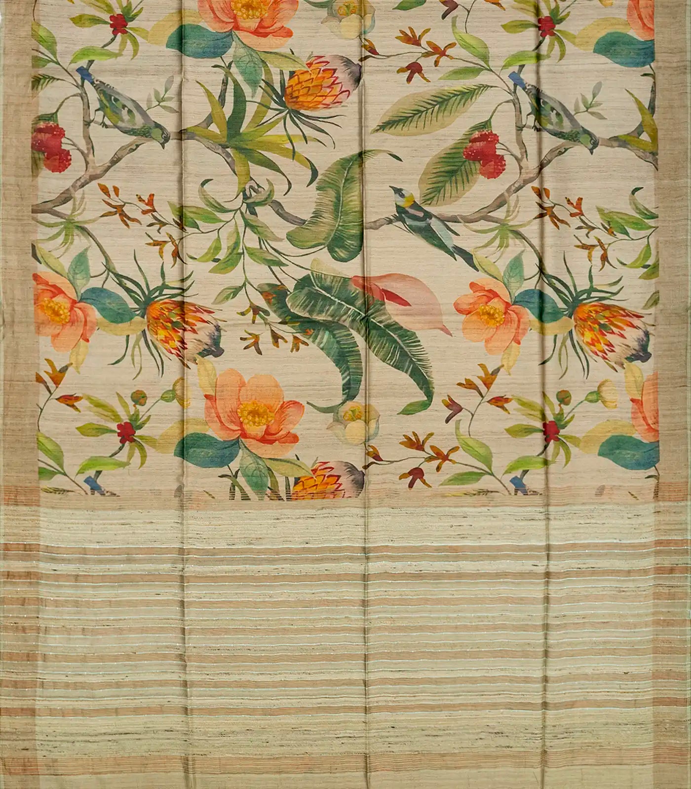 Taupe Handloom Tussar Silk Saree With Printed Bird Motifs-Taupe