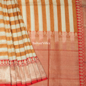 Orange White Stripes Pattern Designer Banarasi Tissue Saree