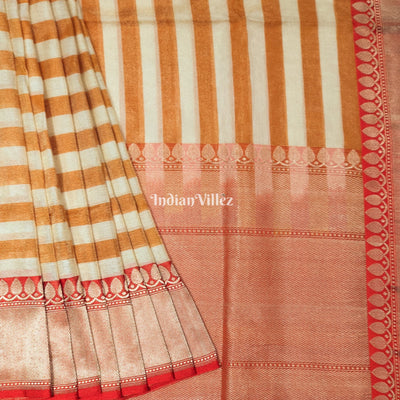 Orange White Stripes Pattern Designer Banarasi Tissue Saree