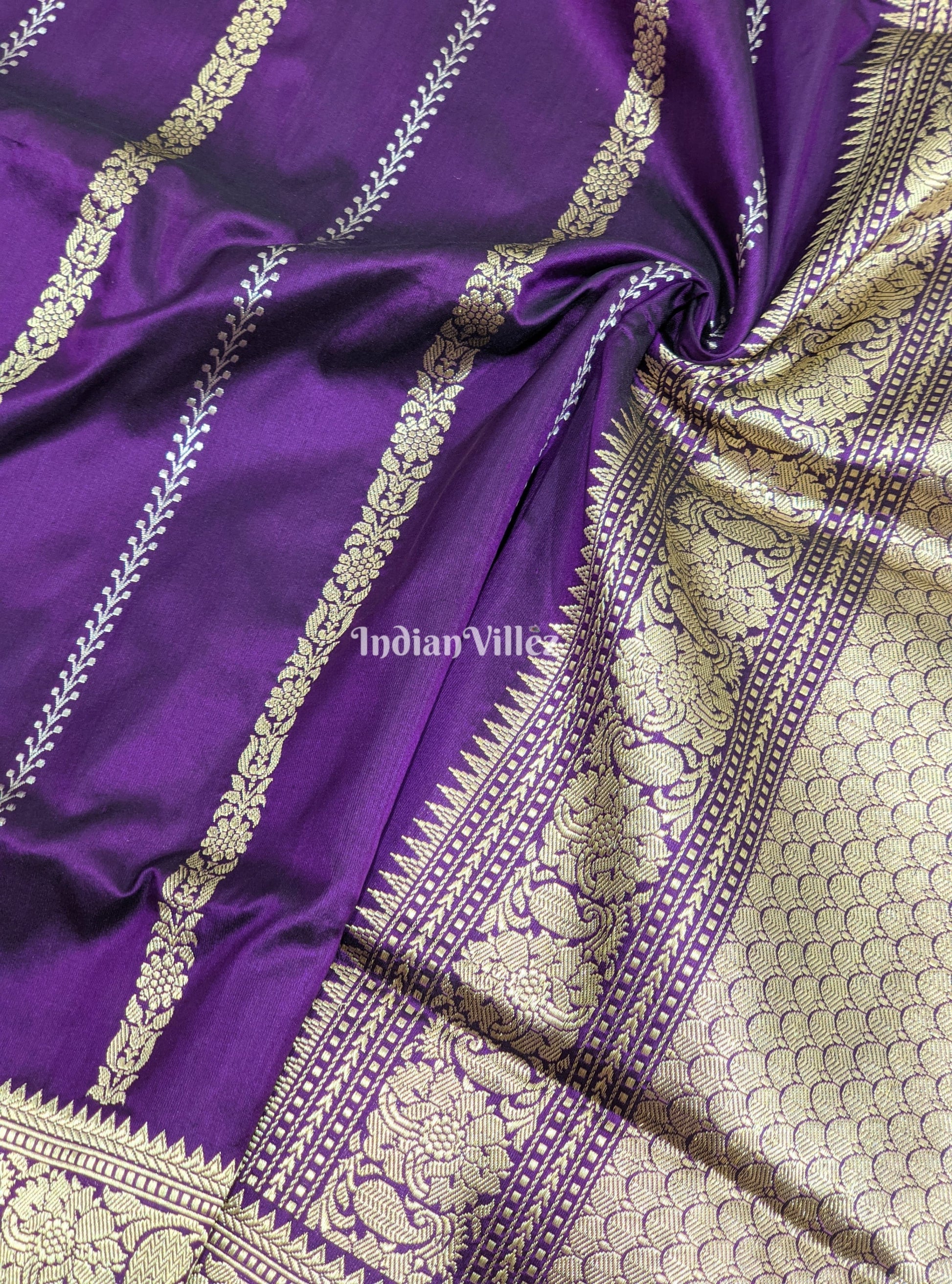 Purple Banarasi Katan Saree with Golden Siver Zari Work