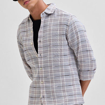 Light Grey Slub Textured Checks Shirt