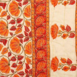 Orange And Cream Border With Golden Print Orange Flower Super Fine Cotton Voile(Mulmul) Both Side Printed Cotton Single Bed Quilt