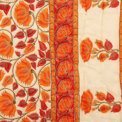 Orange And Cream Border With Golden Print Orange Flower Super Fine Cotton Voile(Mulmul) Both Side Printed Cotton Single Bed Quilt