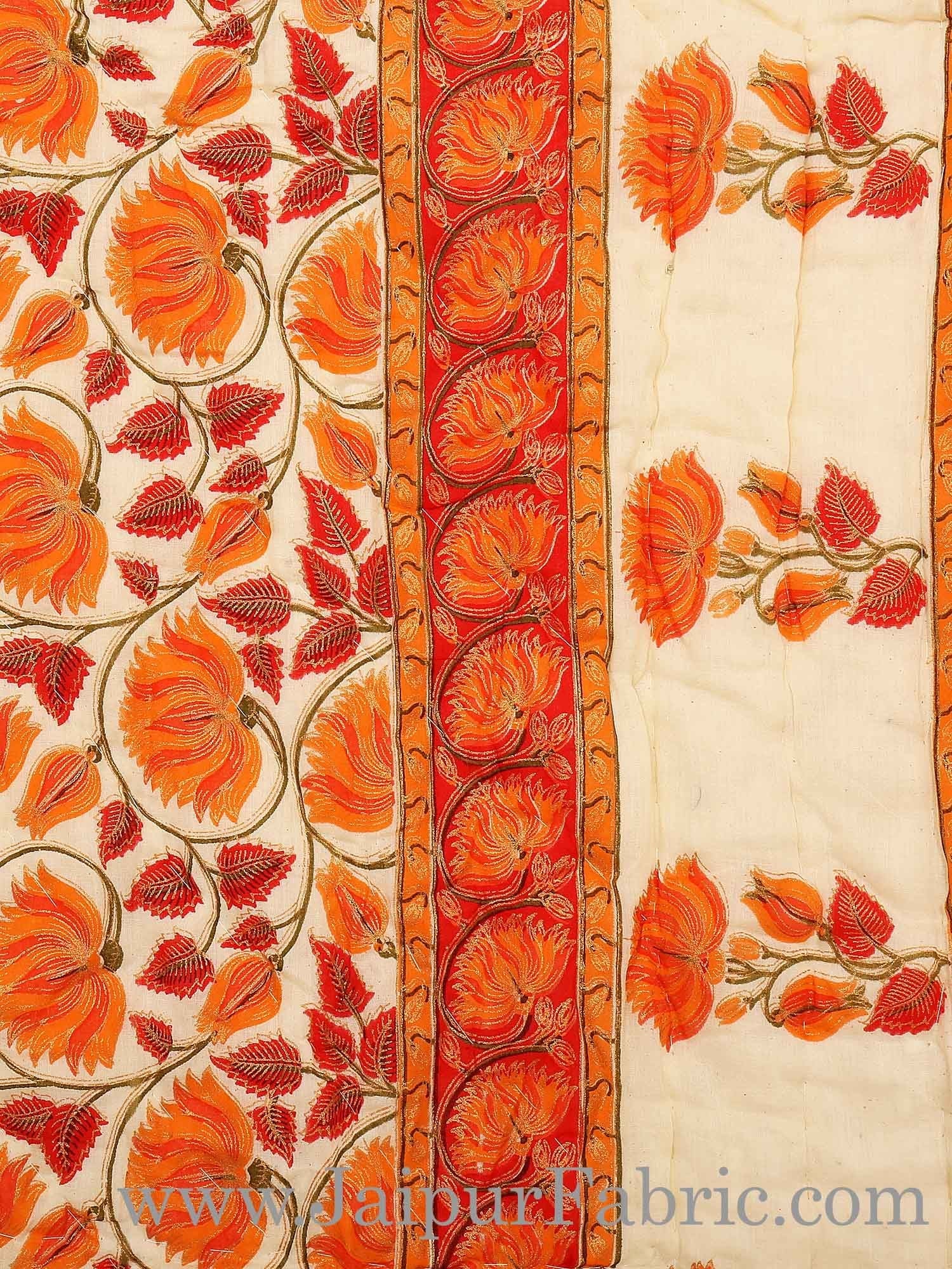 Orange And Cream Border With Golden Print Orange Flower Super Fine Cotton Voile(Mulmul) Both Side Printed Cotton Single Bed Quilt