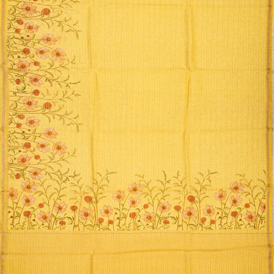 Gold Handwoven Linen Saree Printed With Floral Motifs