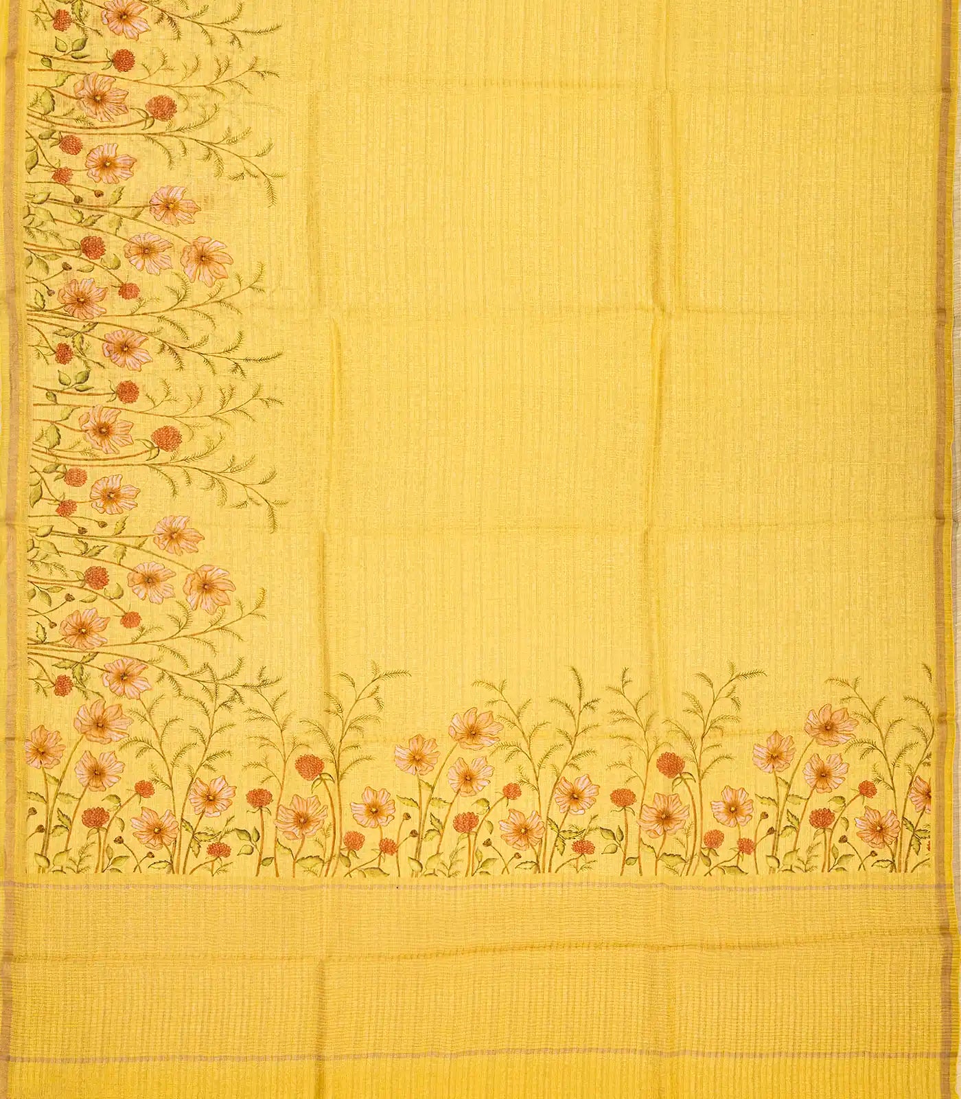 Gold Handwoven Linen Saree Printed With Floral Motifs