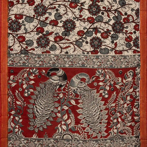 White Handloom Kalamkari Cotton Saree And Printed Floral Motifs