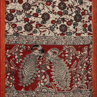 White Handloom Kalamkari Cotton Saree And Printed Floral Motifs