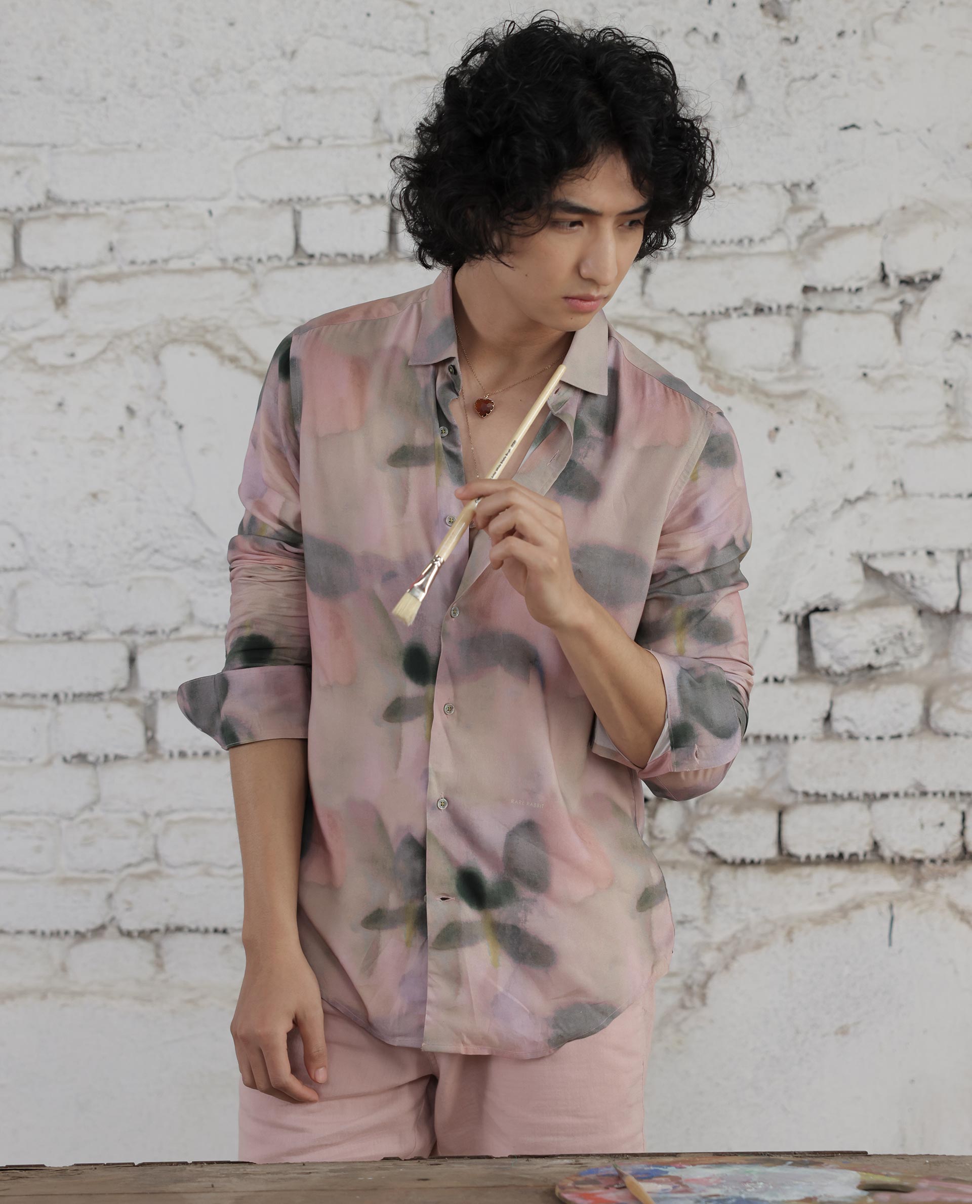 Rare Rabbit Men's Donac Dusky Olive Viscose Fabric Full Sleeves Abstract Print Shirt
