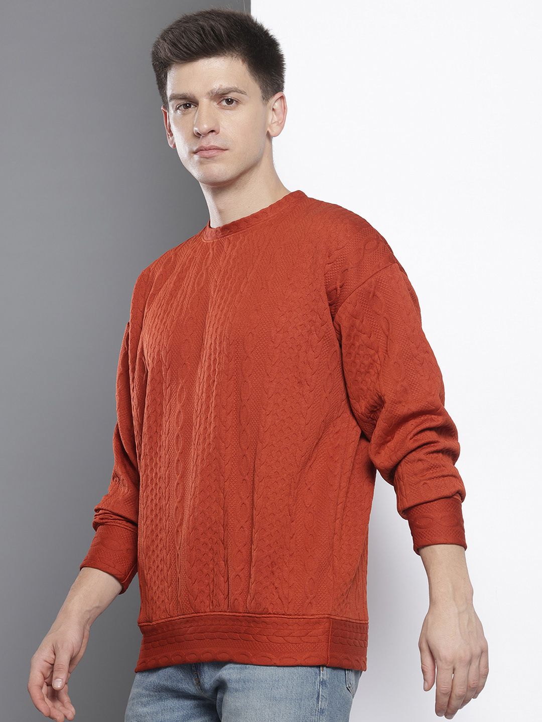 Men's Rust Oversized Self Design Sweatshirt