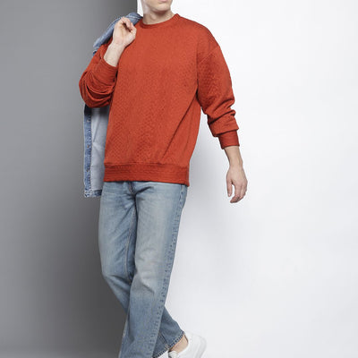 Men's Rust Oversized Self Design Sweatshirt