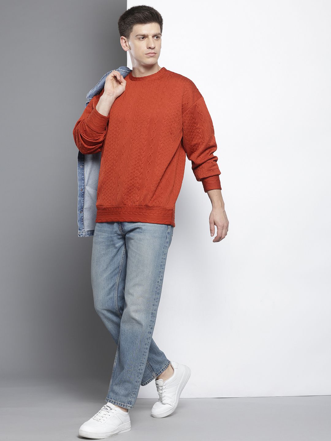 Men's Rust Oversized Self Design Sweatshirt