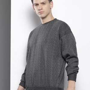 Men's Grey Oversized Self Design Sweatshirt