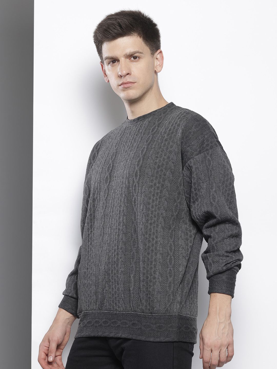 Men's Grey Oversized Self Design Sweatshirt