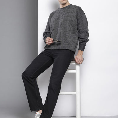 Men's Grey Oversized Self Design Sweatshirt