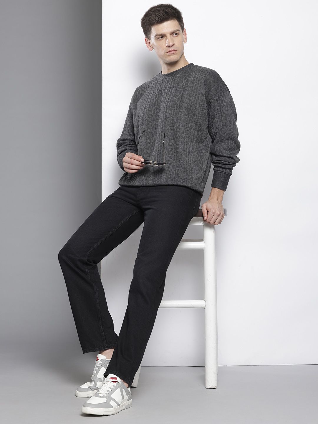 Men's Grey Oversized Self Design Sweatshirt