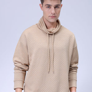 Men's Beige Oversized Self Design Cowl Neck Sweatshirt