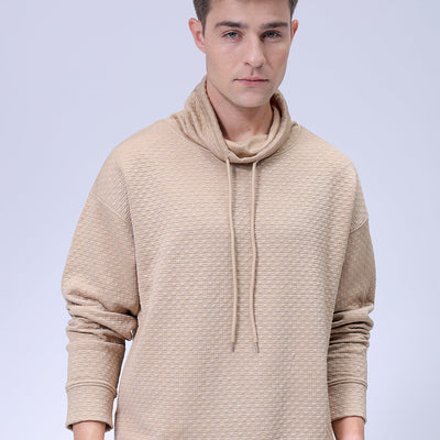 Men's Beige Oversized Self Design Cowl Neck Sweatshirt