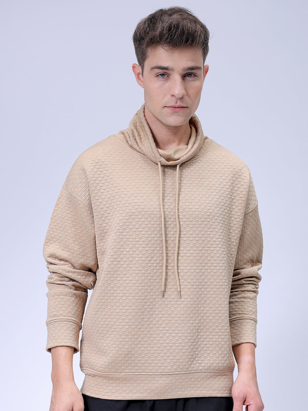 Men's Beige Oversized Self Design Cowl Neck Sweatshirt