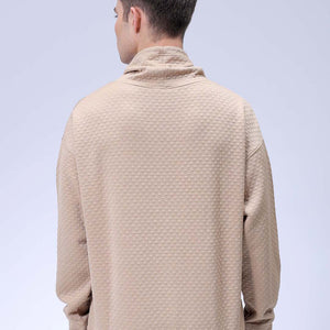 Men's Beige Oversized Self Design Cowl Neck Sweatshirt