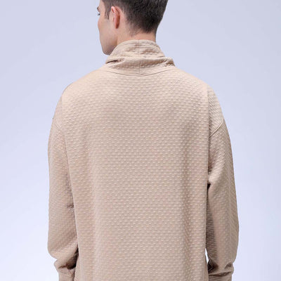 Men's Beige Oversized Self Design Cowl Neck Sweatshirt