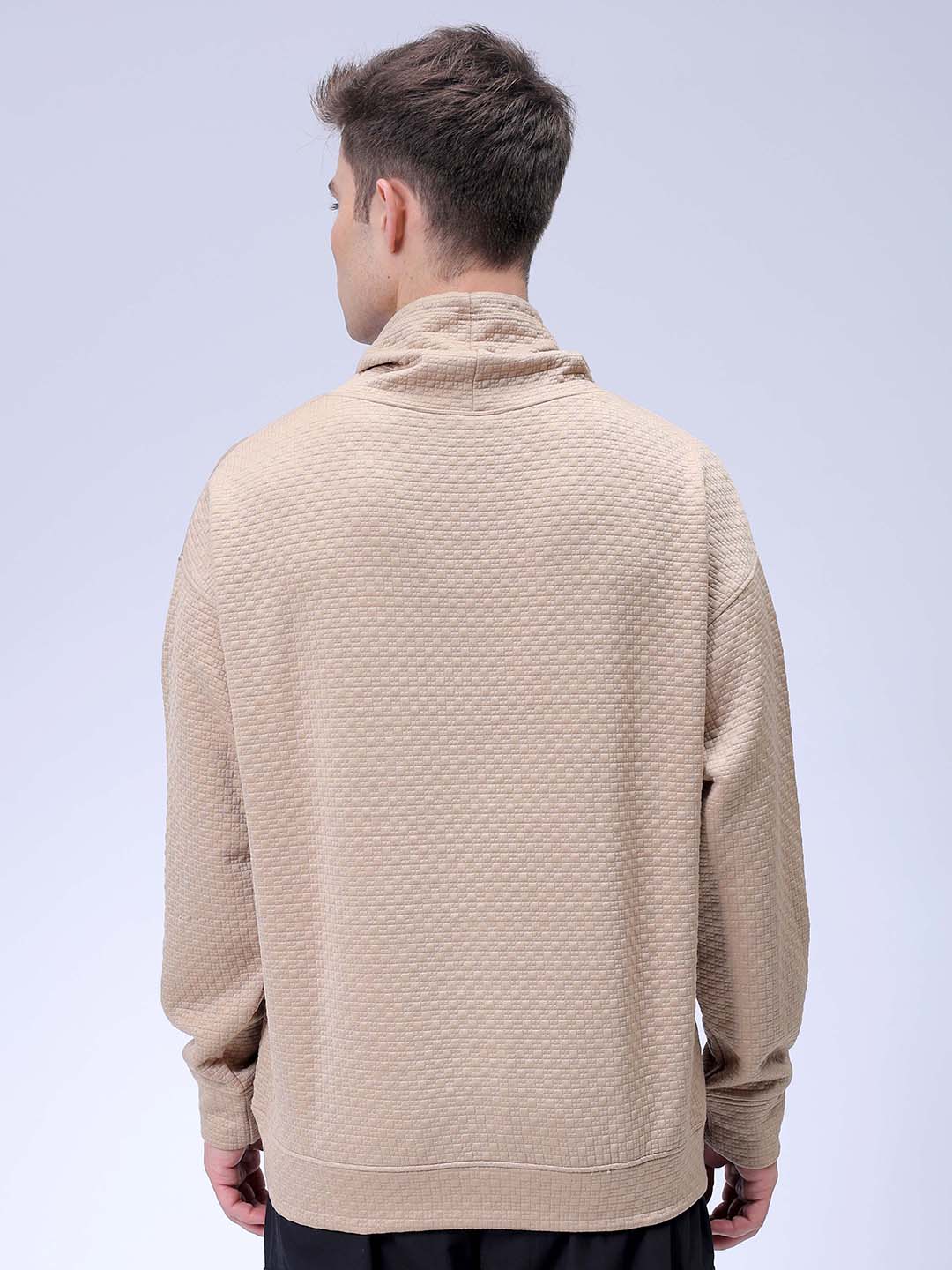 Men's Beige Oversized Self Design Cowl Neck Sweatshirt