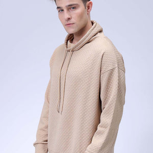 Men's Beige Oversized Self Design Cowl Neck Sweatshirt