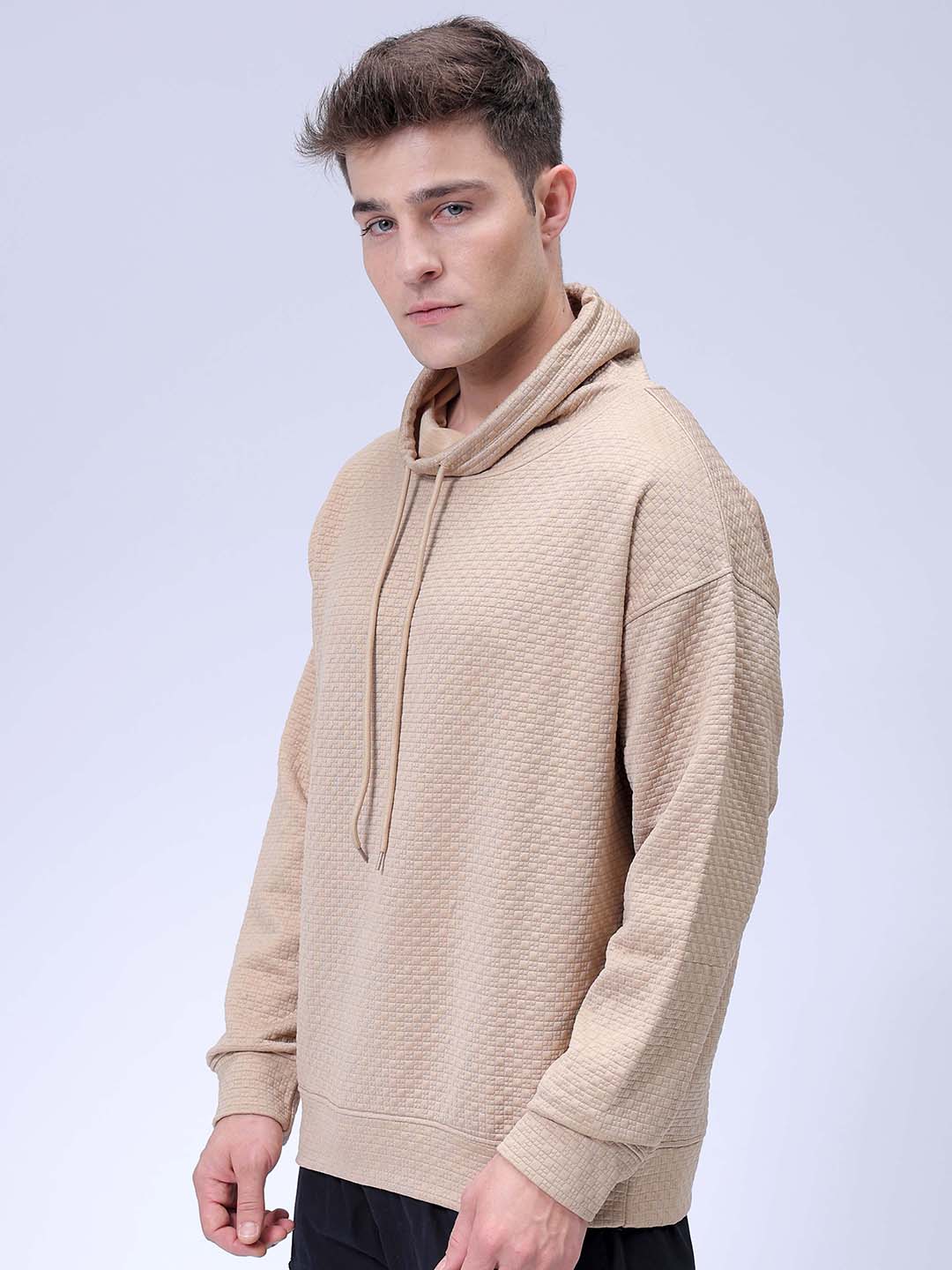 Men's Beige Oversized Self Design Cowl Neck Sweatshirt