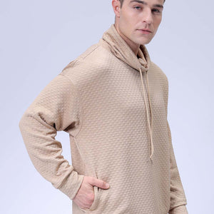 Men's Beige Oversized Self Design Cowl Neck Sweatshirt
